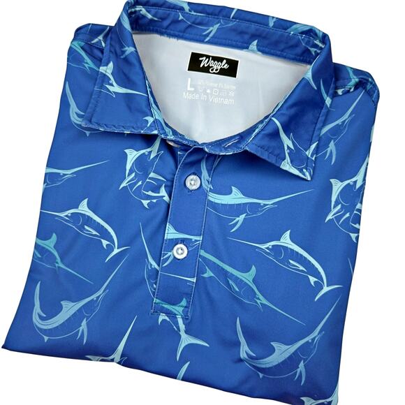 Waggle Blue Marlin Swordfish Fish Performance Golf Polo Shirt Mens L Wicking - Picture 4 of 7